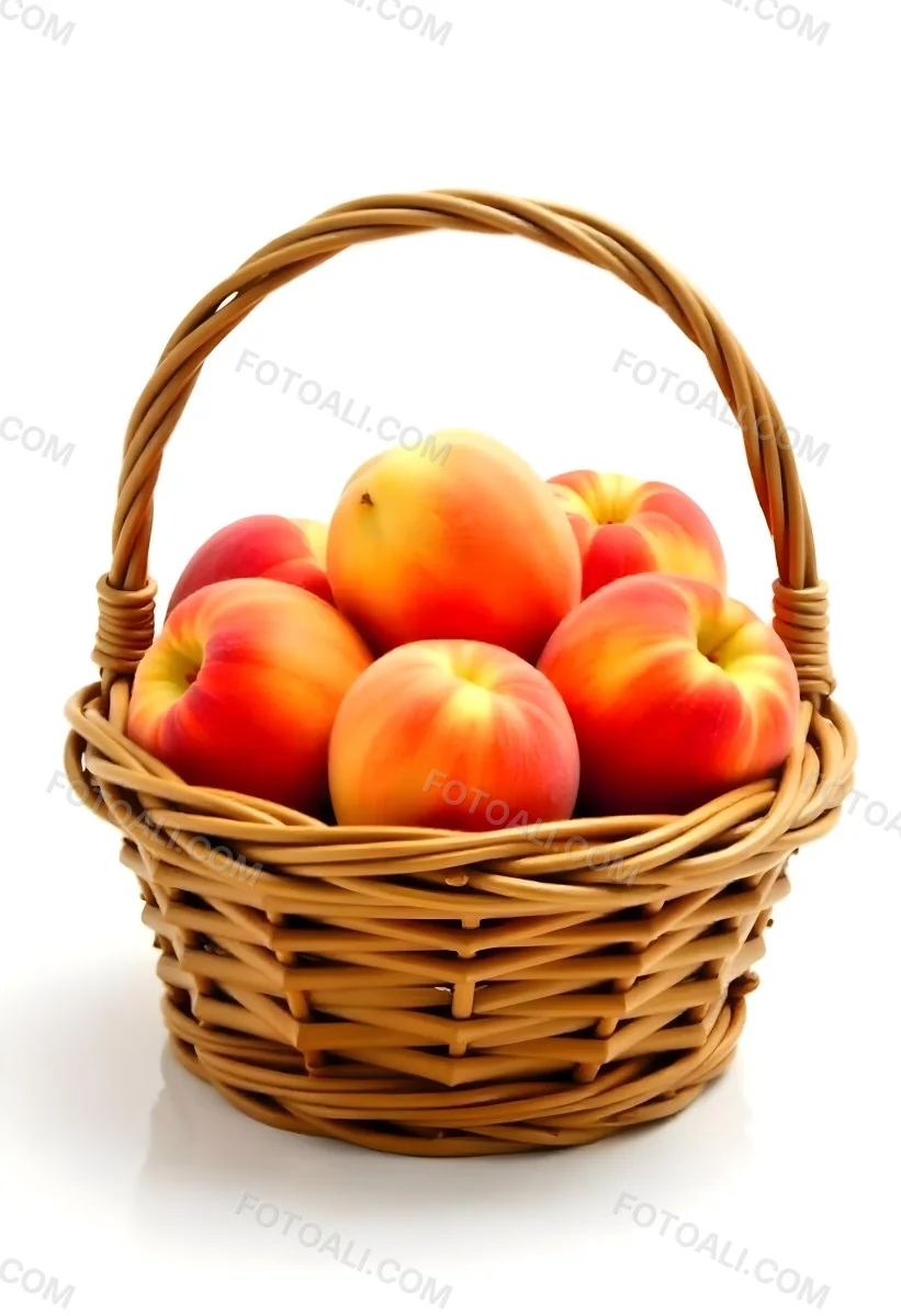 A Basket Full Of Peaches Some Peaches Are Yellow And Some Are Red With Red Spots In A White Background 13 7267