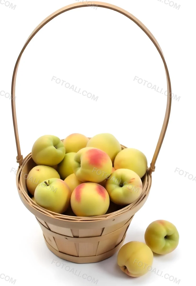 A Basket Full Of Peaches Some Peaches Are Yellow And Some Are Red With Red Spots In A White Background 31 1ee0