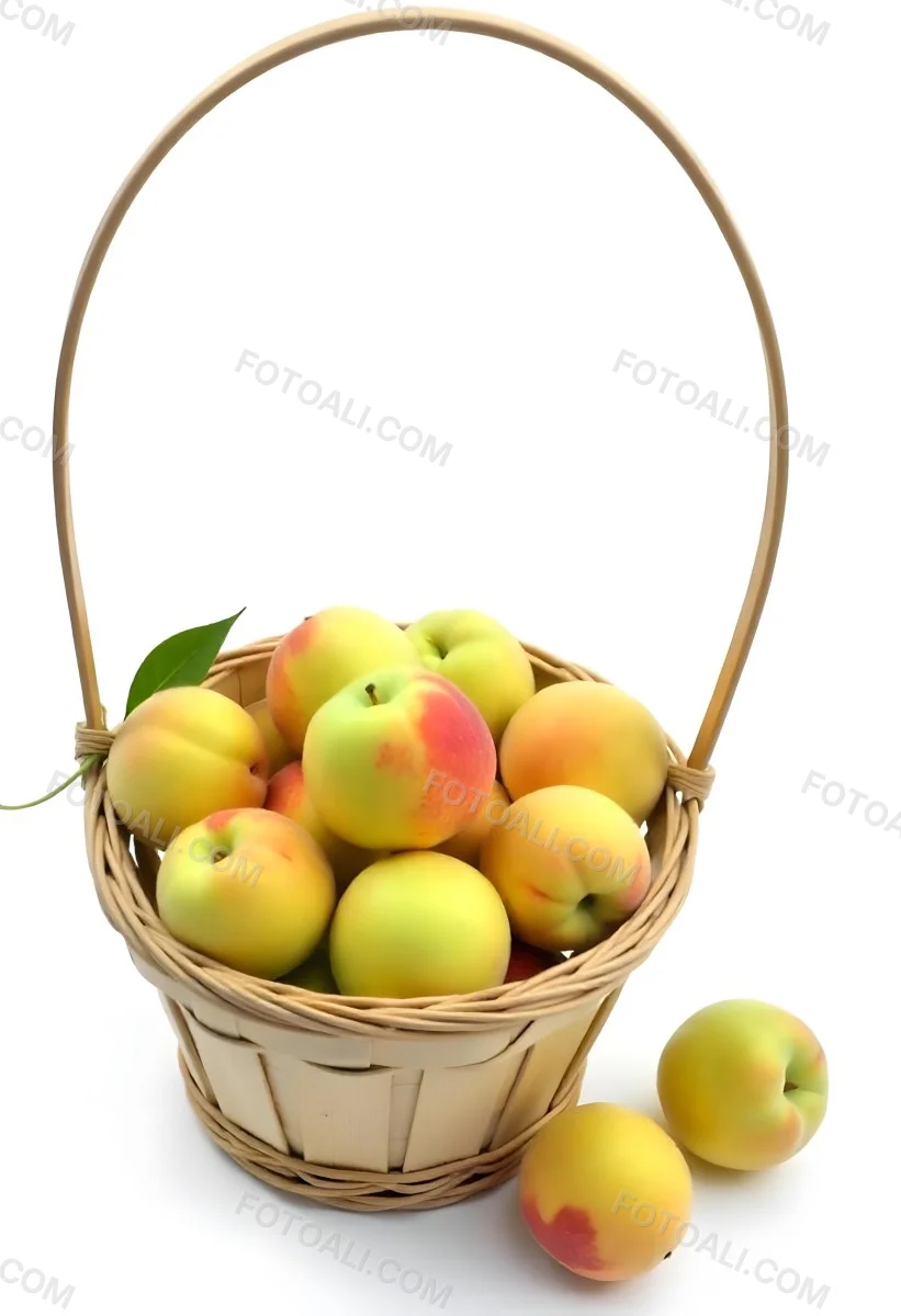 A Basket Full Of Peaches Some Peaches Are Yellow And Some Are Red With Red Spots In A White Background 4 7003