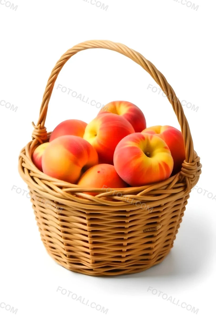 A Basket Full Of Peaches Some Peaches Are Yellow And Some Are Red With Red Spots In A White Background 7 Dd2b