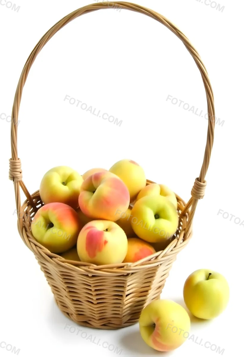 A Basket Full Of Peaches Some Peaches Are Yellow And Some Are Red With Red Spots In A White Background 8 E057