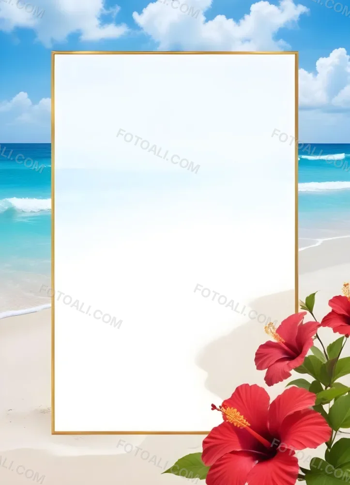 A Beach Background With White Sand Blue Sea And Sky With A Frame And Hibiscus Flowers In The Corner 10 63f8