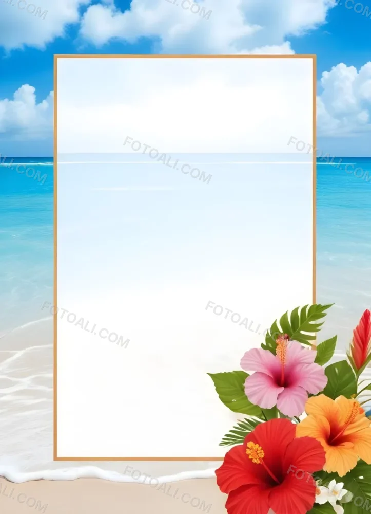 A Beach Background With White Sand Blue Sea And Sky With A Frame And Hibiscus Flowers In The Corner 14 Ad2b