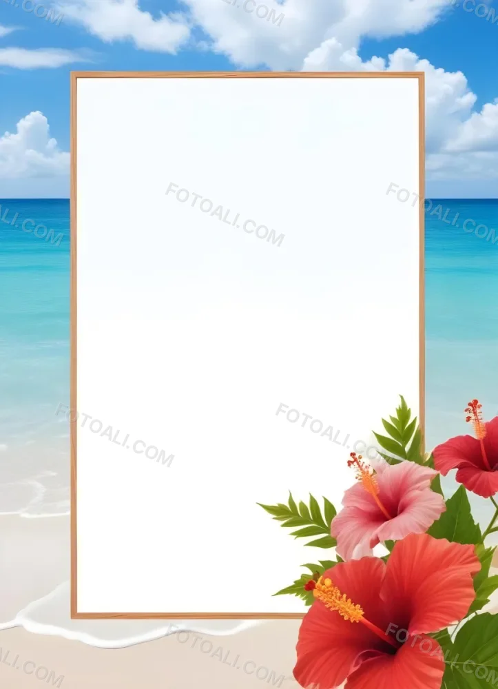 A Beach Background With White Sand Blue Sea And Sky With A Frame And Hibiscus Flowers In The Corner 16 03b5