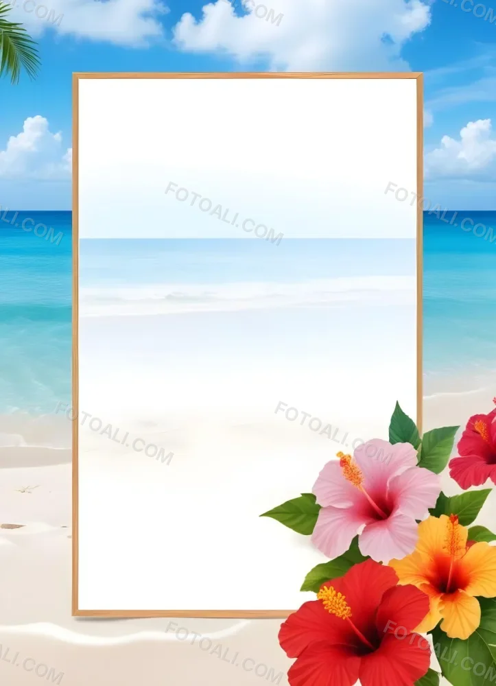 A Beach Background With White Sand Blue Sea And Sky With A Frame And Hibiscus Flowers In The Corner 17 8b1f