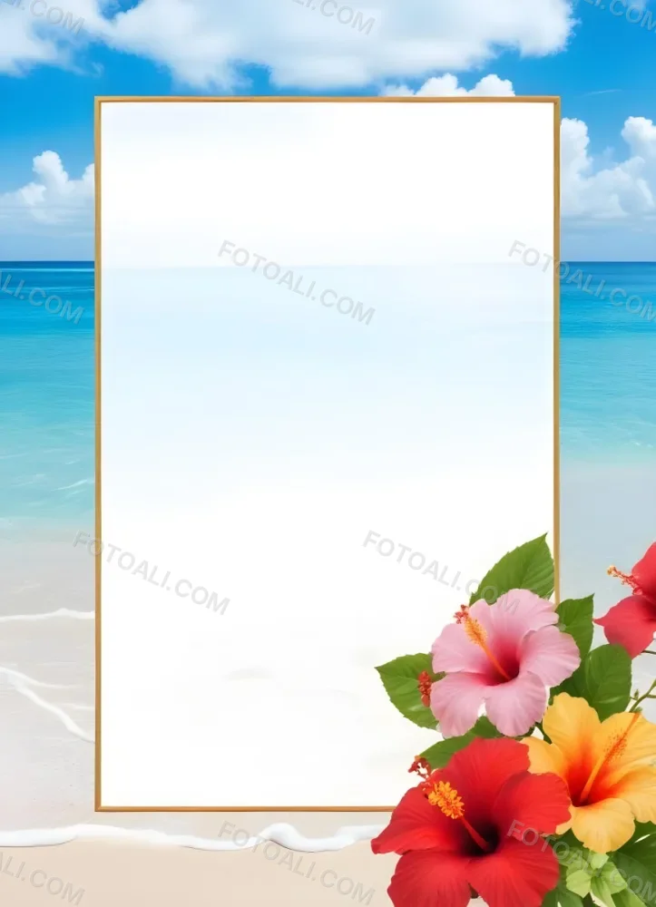 A Beach Background With White Sand Blue Sea And Sky With A Frame And Hibiscus Flowers In The Corner 2 4b76
