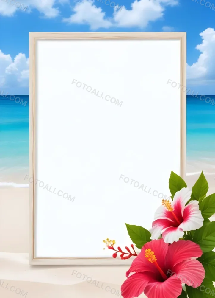 A Beach Background With White Sand Blue Sea And Sky With A Frame And Hibiscus Flowers In The Corner 22 750b