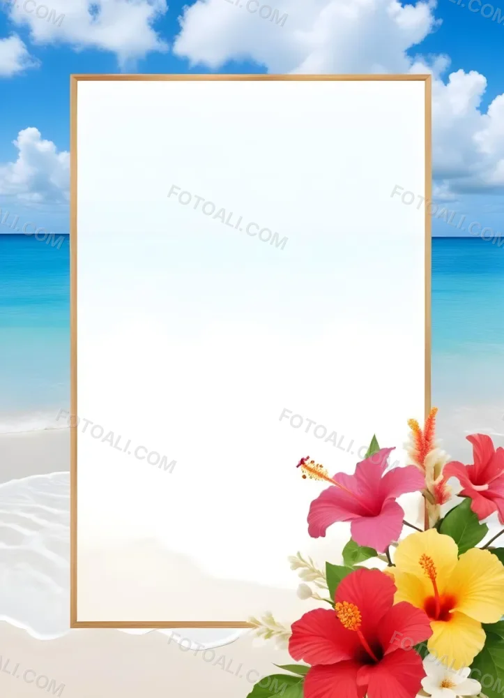 A Beach Background With White Sand Blue Sea And Sky With A Frame And Hibiscus Flowers In The Corner 23 422f