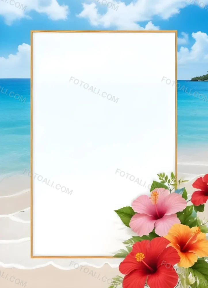 A Beach Background With White Sand Blue Sea And Sky With A Frame And Hibiscus Flowers In The Corner 25 9498