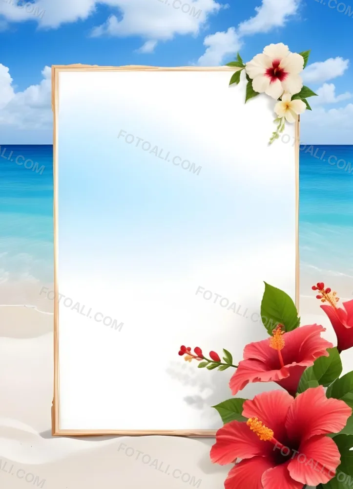 A Beach Background With White Sand Blue Sea And Sky With A Frame And Hibiscus Flowers In The Corner 26 Cea5