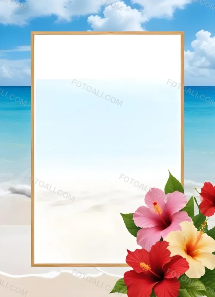 A Beach Background With White Sand Blue Sea And Sky With A Frame And Hibiscus Flowers In The Corner 29 13d1