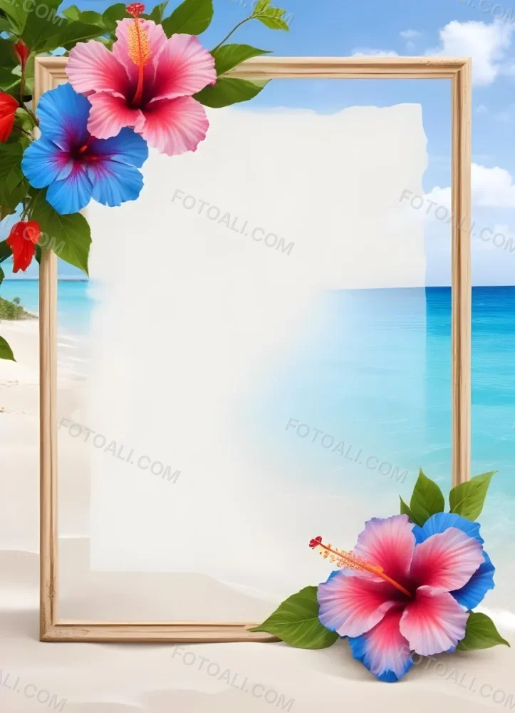 A Beach Background With White Sand Blue Sea And Sky With A Frame And Hibiscus Flowers In The Corner 30 Ffca