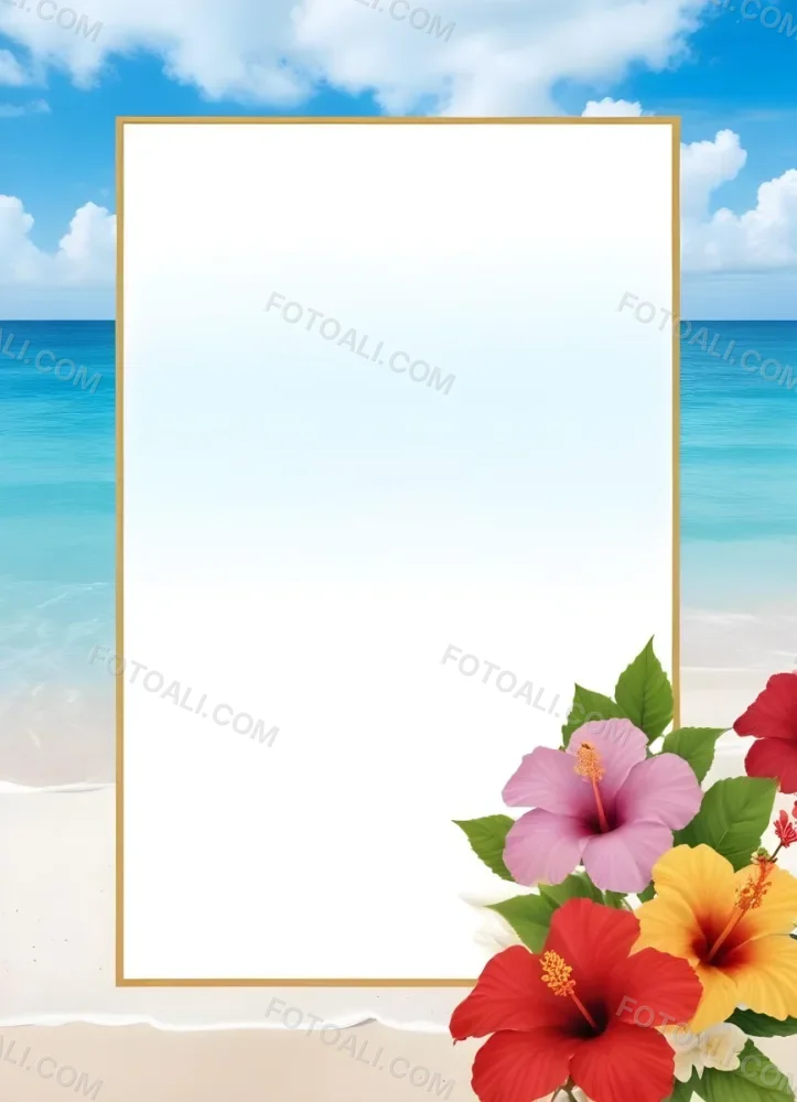 A Beach Background With White Sand Blue Sea And Sky With A Frame And Hibiscus Flowers In The Corner 6 7194