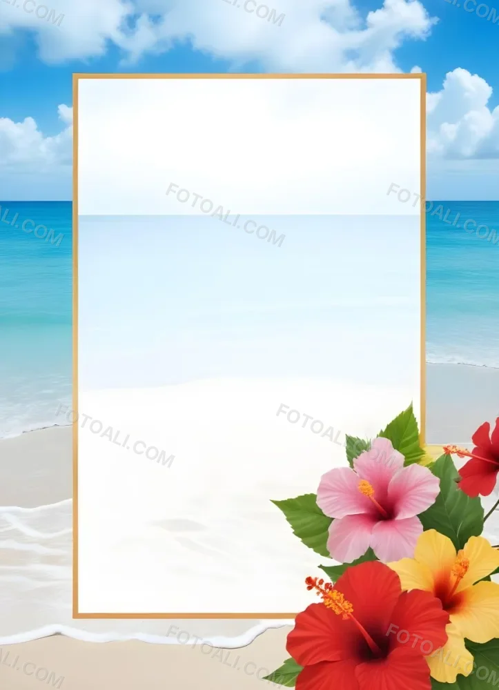 A Beach Background With White Sand Blue Sea And Sky With A Frame And Hibiscus Flowers In The Corner 7 A176