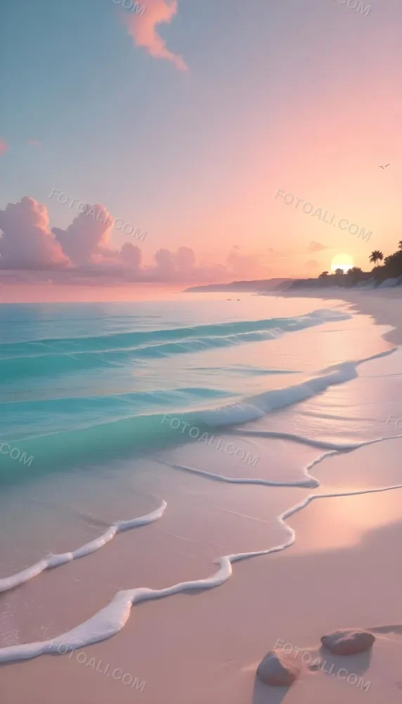 A Beach With White Sand And A Calm Turquoise Sea Under A Pastel Colored Sky At Sunset 1 Db57