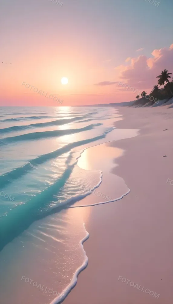 A Beach With White Sand And A Calm Turquoise Sea Under A Pastel Colored Sky At Sunset 17 17b8