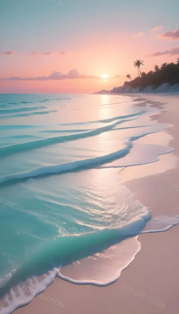A Beach With White Sand And A Calm Turquoise Sea Under A Pastel Colored Sky At Sunset 4 F8cb