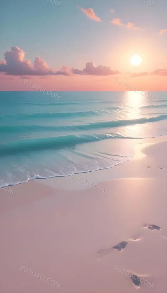 A Beach With White Sand And A Calm Turquoise Sea Under A Pastel Colored Sky At Sunset 9 318e