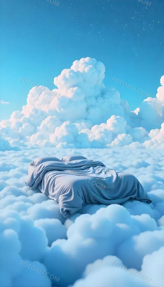 A Bed With Blue Sheets Floating On A Sea Of Clouds Blue Sky With Some Stars In The Background Dreamy Concept 13 946a