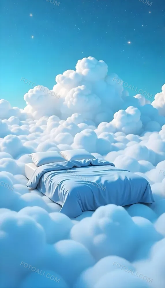 A Bed With Blue Sheets Floating On A Sea Of Clouds Blue Sky With Some Stars In The Background Dreamy Concept 15 467f
