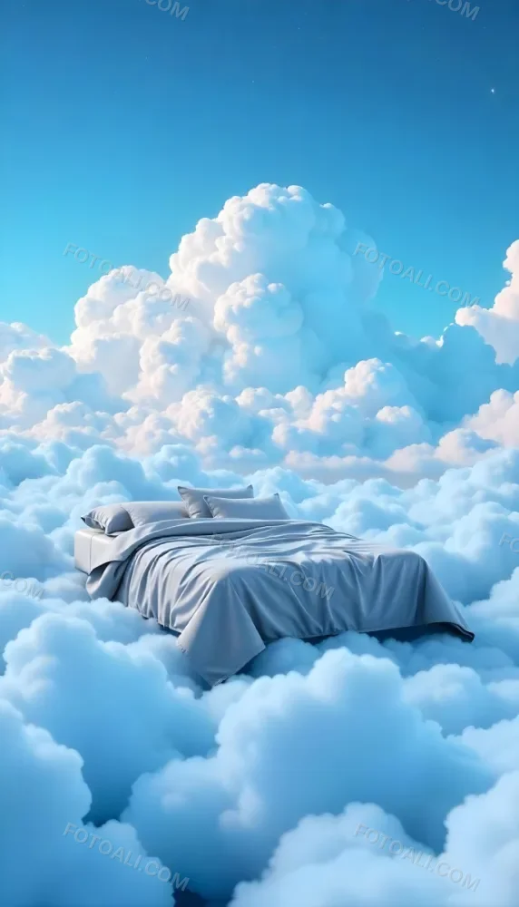 A Bed With Blue Sheets Floating On A Sea Of Clouds Blue Sky With Some Stars In The Background Dreamy Concept 16 F3aa