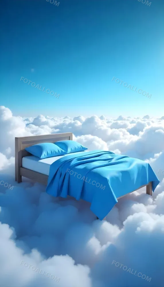 A Bed With Blue Sheets Floating On A Sea Of Clouds Blue Sky With Some Stars In The Background Dreamy Concept 2 5738