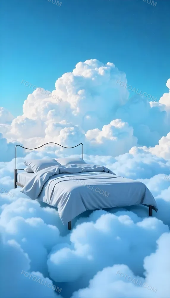 A Bed With Blue Sheets Floating On A Sea Of Clouds Blue Sky With Some Stars In The Background Dreamy Concept 23 484c