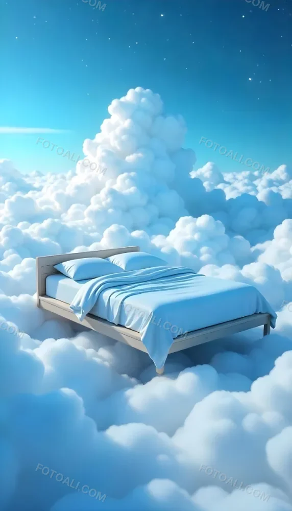 A Bed With Blue Sheets Floating On A Sea Of Clouds Blue Sky With Some Stars In The Background Dreamy Concept 3 A407