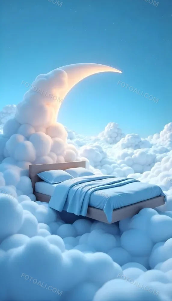 A Bed With Blue Sheets Floating On A Sea Of Clouds Blue Sky With Some Stars In The Background Dreamy Concept 4 C001