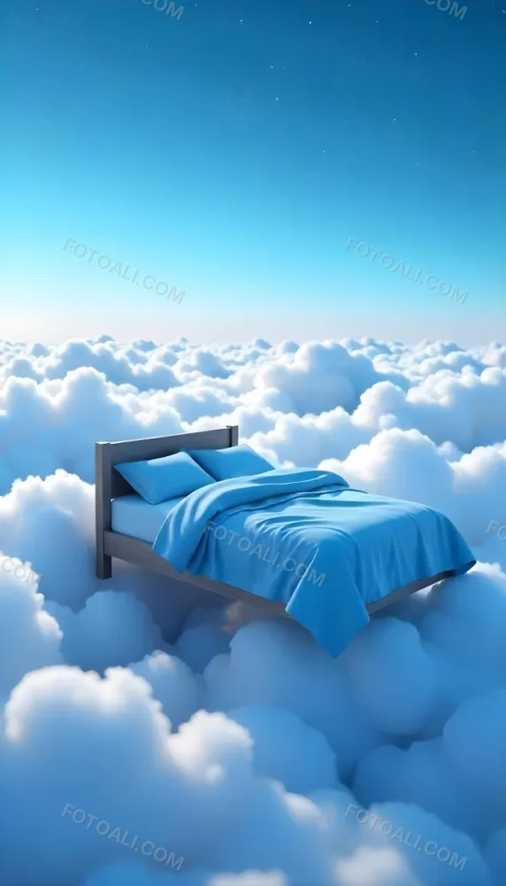 A Bed With Blue Sheets Floating On A Sea Of Clouds Blue Sky With Some Stars In The Background Dreamy Concept 5 E12c