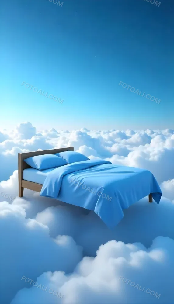 A Bed With Blue Sheets Floating On A Sea Of Clouds Blue Sky With Some Stars In The Background Dreamy Concept 6 Fa6c
