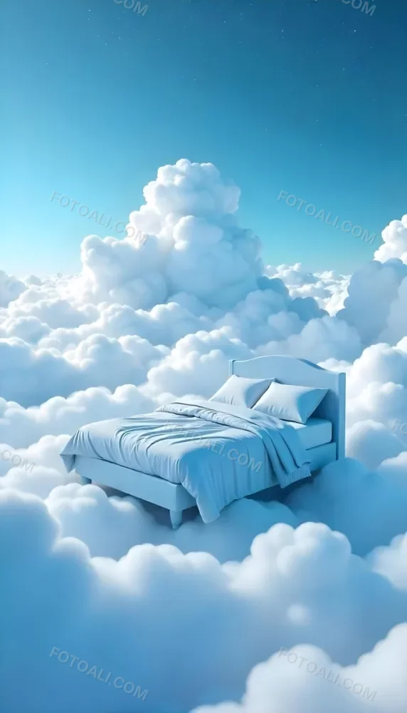 A Bed With Blue Sheets Floating On A Sea Of Clouds Blue Sky With Some Stars In The Background Dreamy Concept 8 8ccf