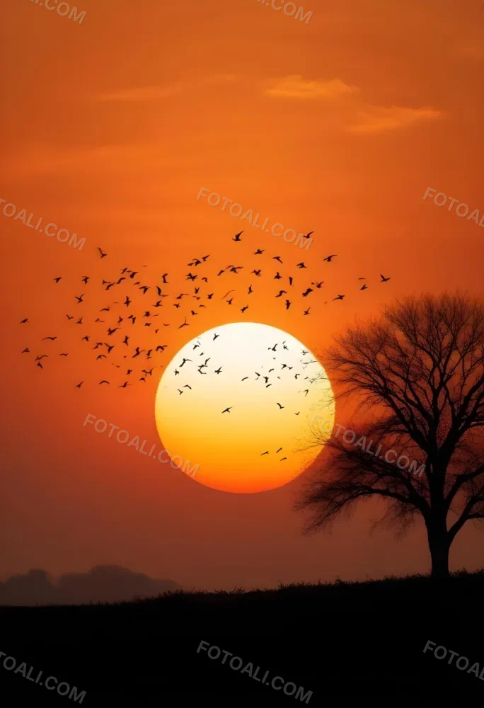 A Big Orange Sun With A Flock Of Birds Flying In Front Of It A Tree Silhouette On The Right Side Orange Sky 1 Dbb8