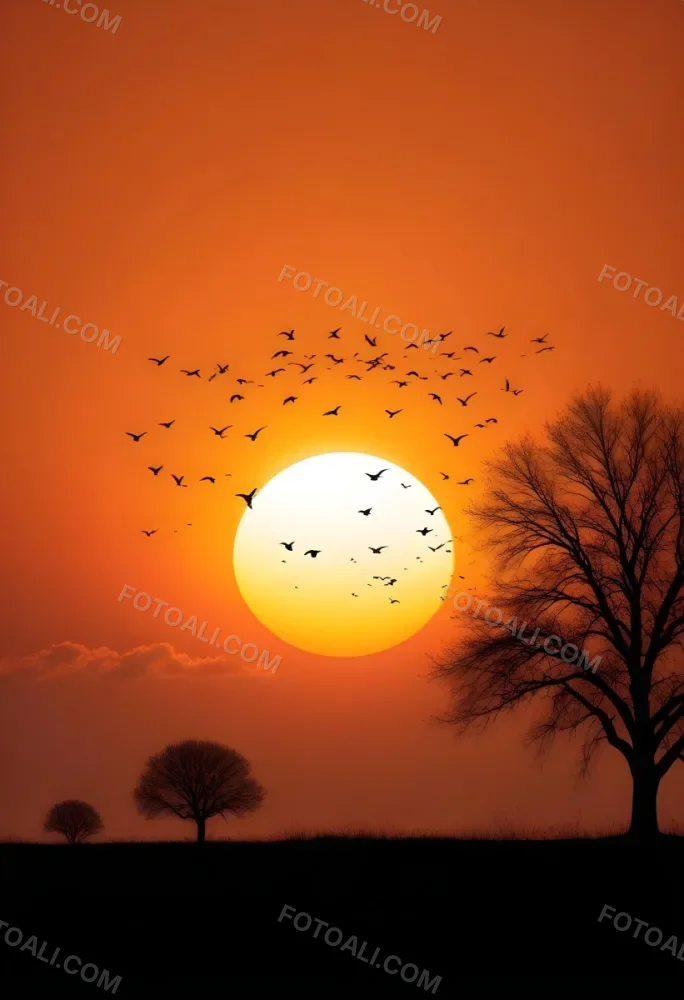 A Big Orange Sun With A Flock Of Birds Flying In Front Of It A Tree Silhouette On The Right Side Orange Sky 14 B2f8