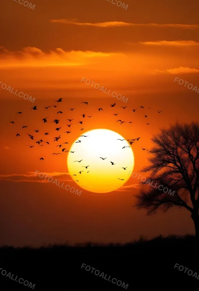A Big Orange Sun With A Flock Of Birds Flying In Front Of It A Tree Silhouette On The Right Side Orange Sky 15 5caf