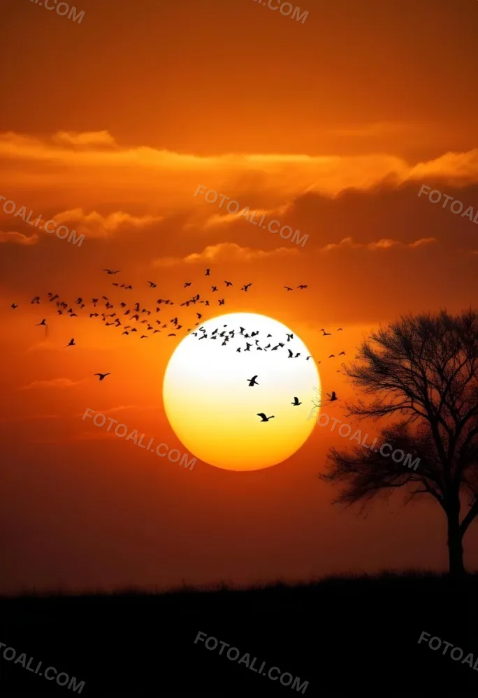 A Big Orange Sun With A Flock Of Birds Flying In Front Of It A Tree Silhouette On The Right Side Orange Sky 18 4177