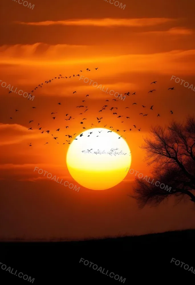A Big Orange Sun With A Flock Of Birds Flying In Front Of It A Tree Silhouette On The Right Side Orange Sky 19 5339