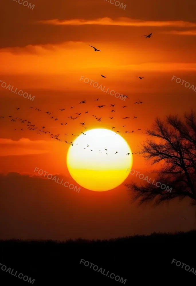A Big Orange Sun With A Flock Of Birds Flying In Front Of It A Tree Silhouette On The Right Side Orange Sky 21 2dbc