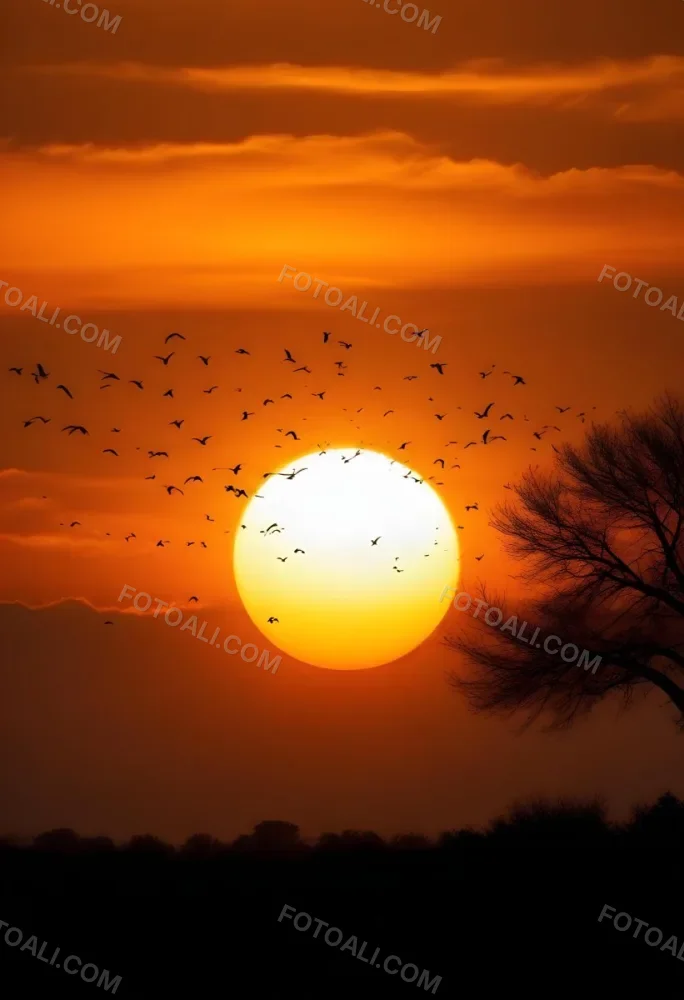 A Big Orange Sun With A Flock Of Birds Flying In Front Of It A Tree Silhouette On The Right Side Orange Sky 22 E749