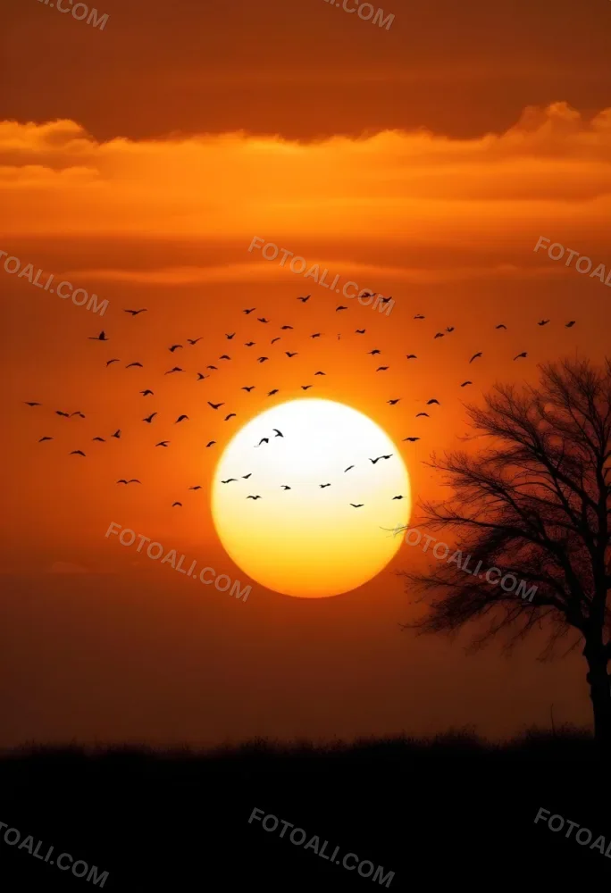 A Big Orange Sun With A Flock Of Birds Flying In Front Of It A Tree Silhouette On The Right Side Orange Sky 23 Dee3