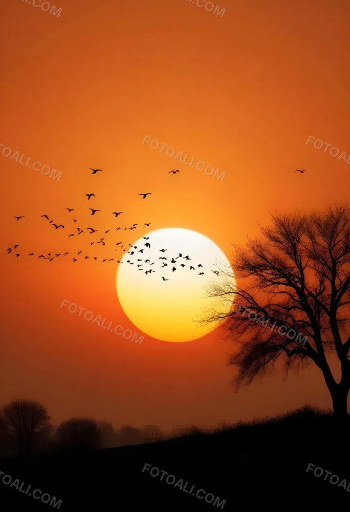 A Big Orange Sun With A Flock Of Birds Flying In Front Of It A Tree Silhouette On The Right Side Orange Sky 4 9629