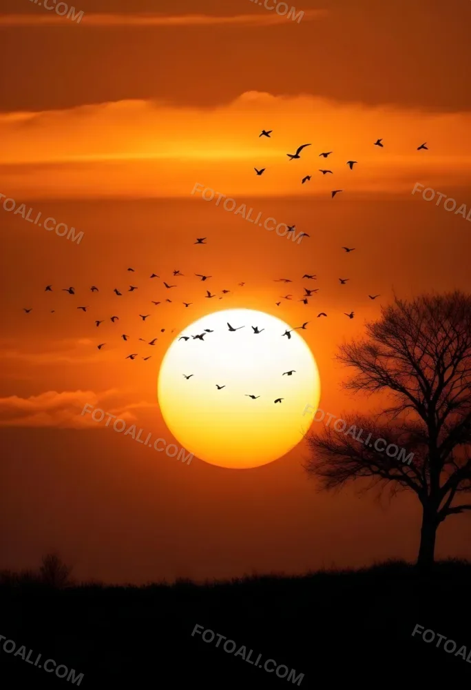 A Big Orange Sun With A Flock Of Birds Flying In Front Of It A Tree Silhouette On The Right Side Orange Sky 7 241e