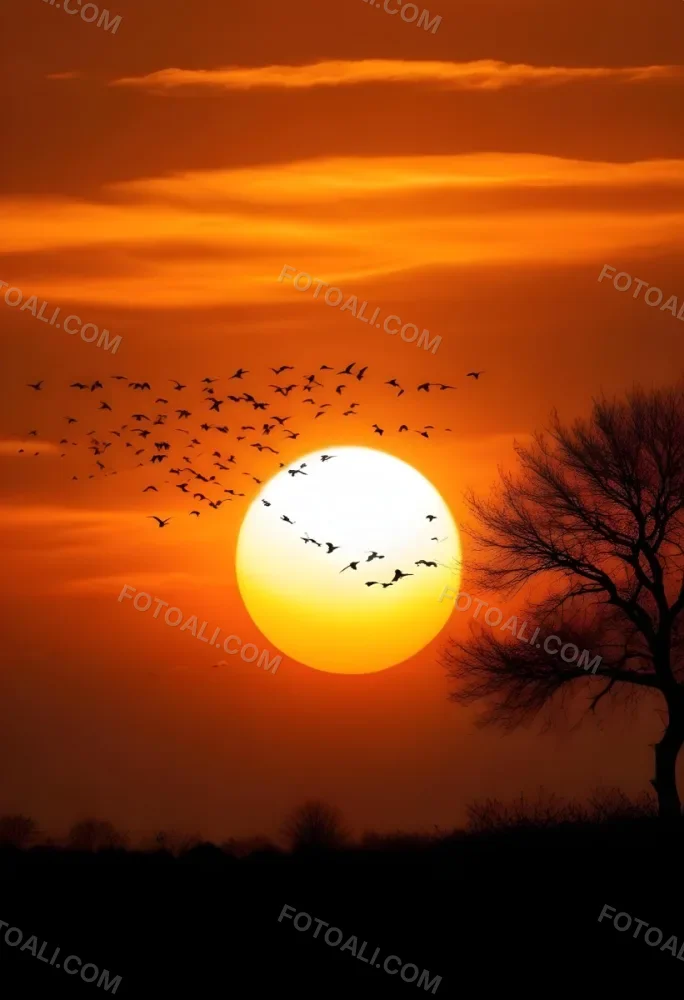 A Big Orange Sun With A Flock Of Birds Flying In Front Of It A Tree Silhouette On The Right Side Orange Sky 8 1266