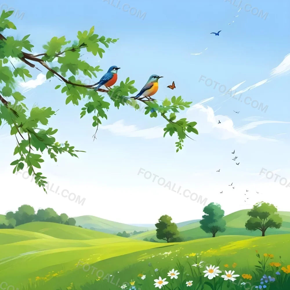 A Bird Perched On A Branch With Flowers Rolling Green Hills With Trees And Flowers Blue Sky With Clouds Butterflies Flying Around Sunny Day In The Countryside 1 Ea5f