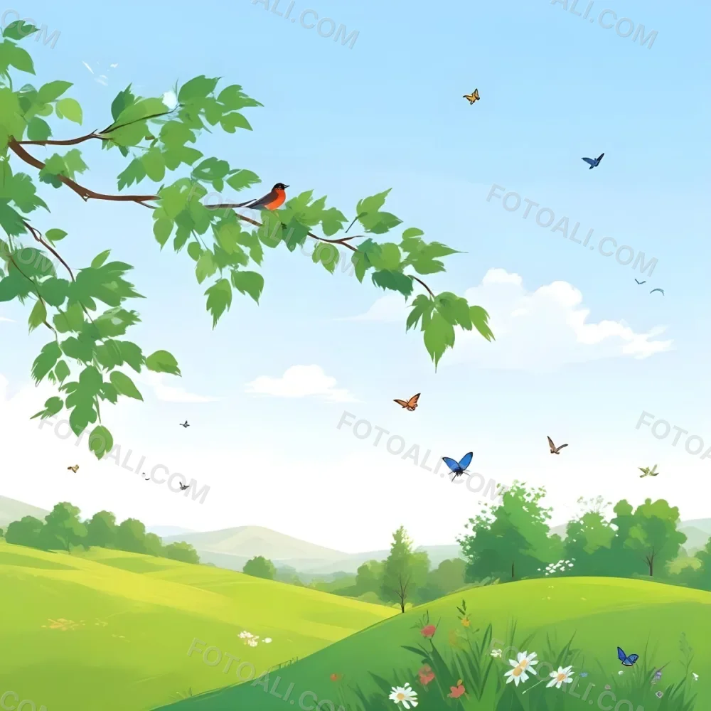 A Bird Perched On A Branch With Flowers Rolling Green Hills With Trees And Flowers Blue Sky With Clouds Butterflies Flying Around Sunny Day In The Countryside 10 821f