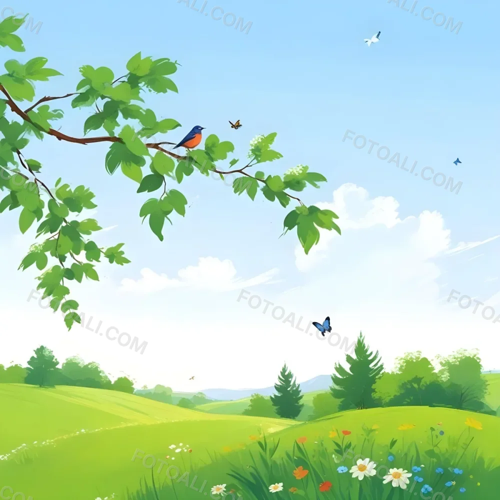 A Bird Perched On A Branch With Flowers Rolling Green Hills With Trees And Flowers Blue Sky With Clouds Butterflies Flying Around Sunny Day In The Countryside 13 Bda7