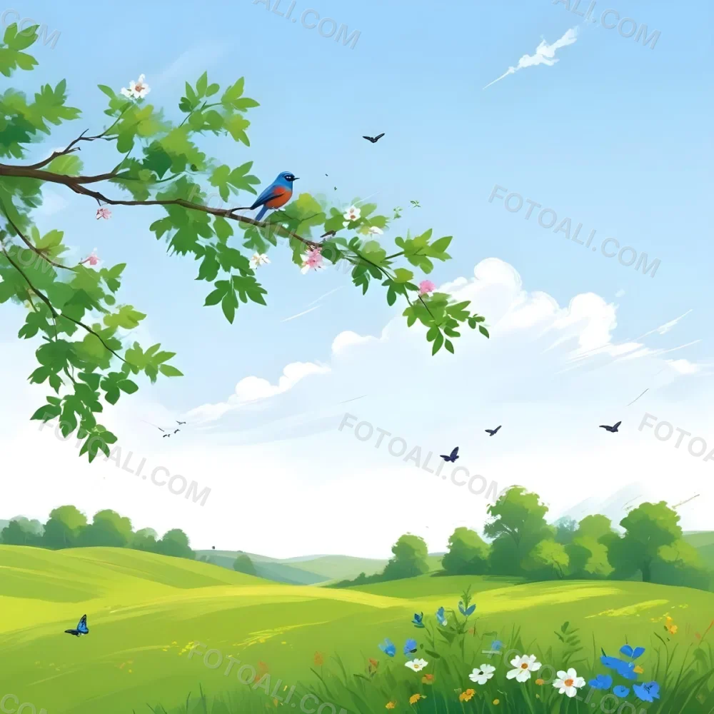 A Bird Perched On A Branch With Flowers Rolling Green Hills With Trees And Flowers Blue Sky With Clouds Butterflies Flying Around Sunny Day In The Countryside 14 8e23