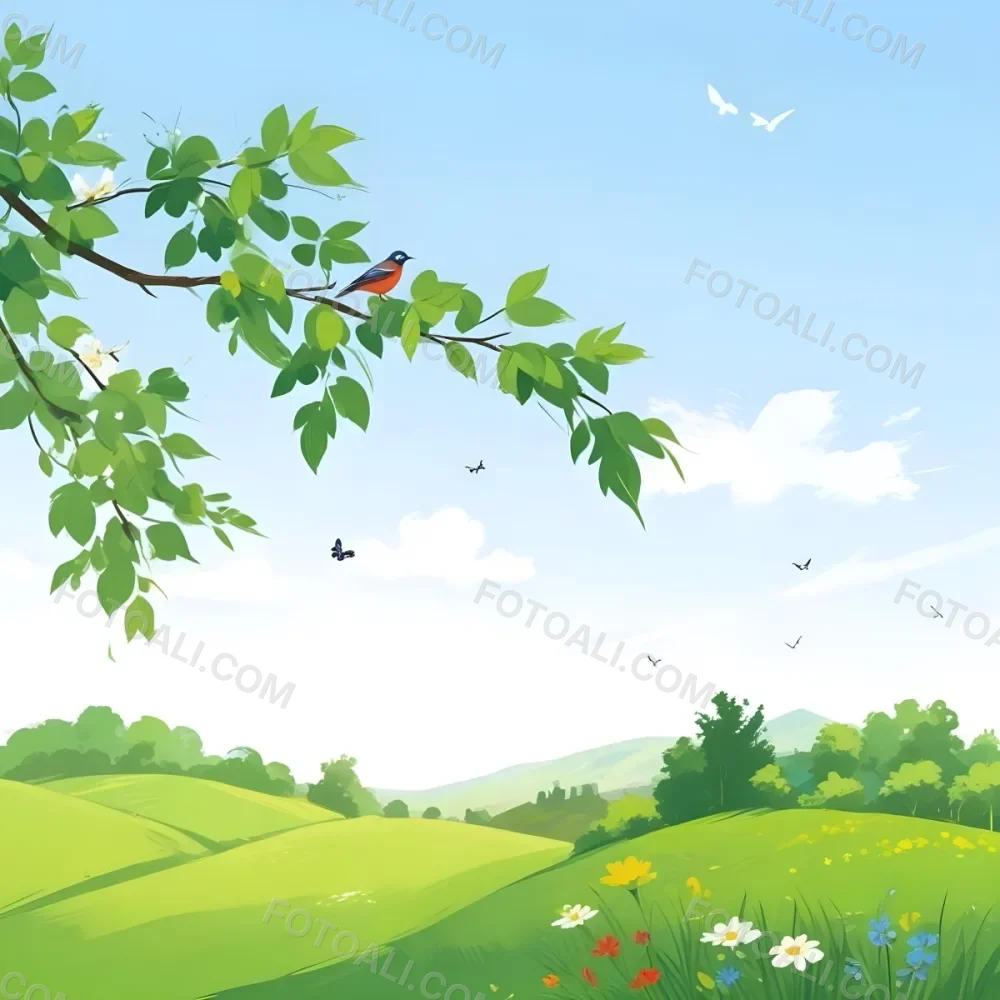 A Bird Perched On A Branch With Flowers Rolling Green Hills With Trees And Flowers Blue Sky With Clouds Butterflies Flying Around Sunny Day In The Countryside 16 22e3