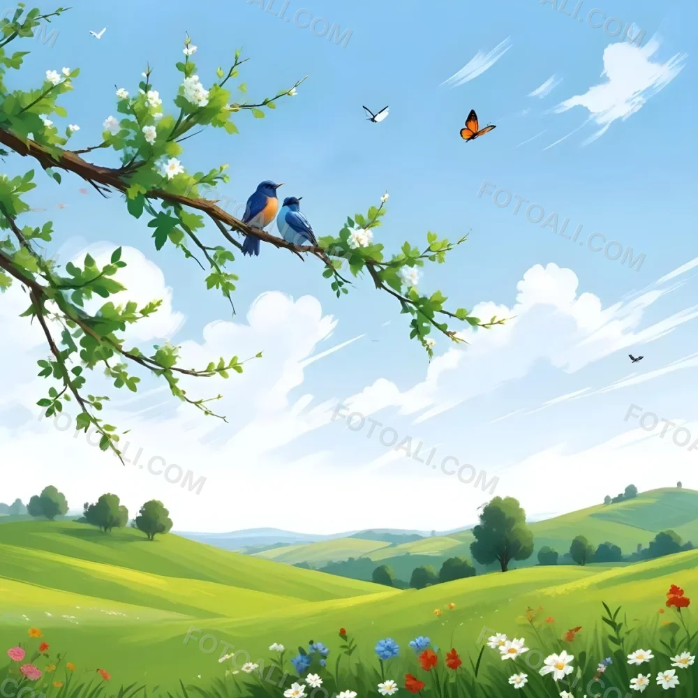 A Bird Perched On A Branch With Flowers Rolling Green Hills With Trees And Flowers Blue Sky With Clouds Butterflies Flying Around Sunny Day In The Countryside 21 D075