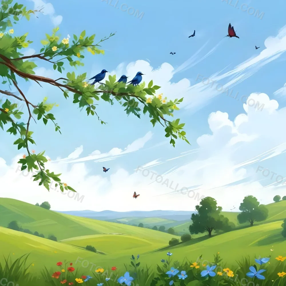 A Bird Perched On A Branch With Flowers Rolling Green Hills With Trees And Flowers Blue Sky With Clouds Butterflies Flying Around Sunny Day In The Countryside 24 8379